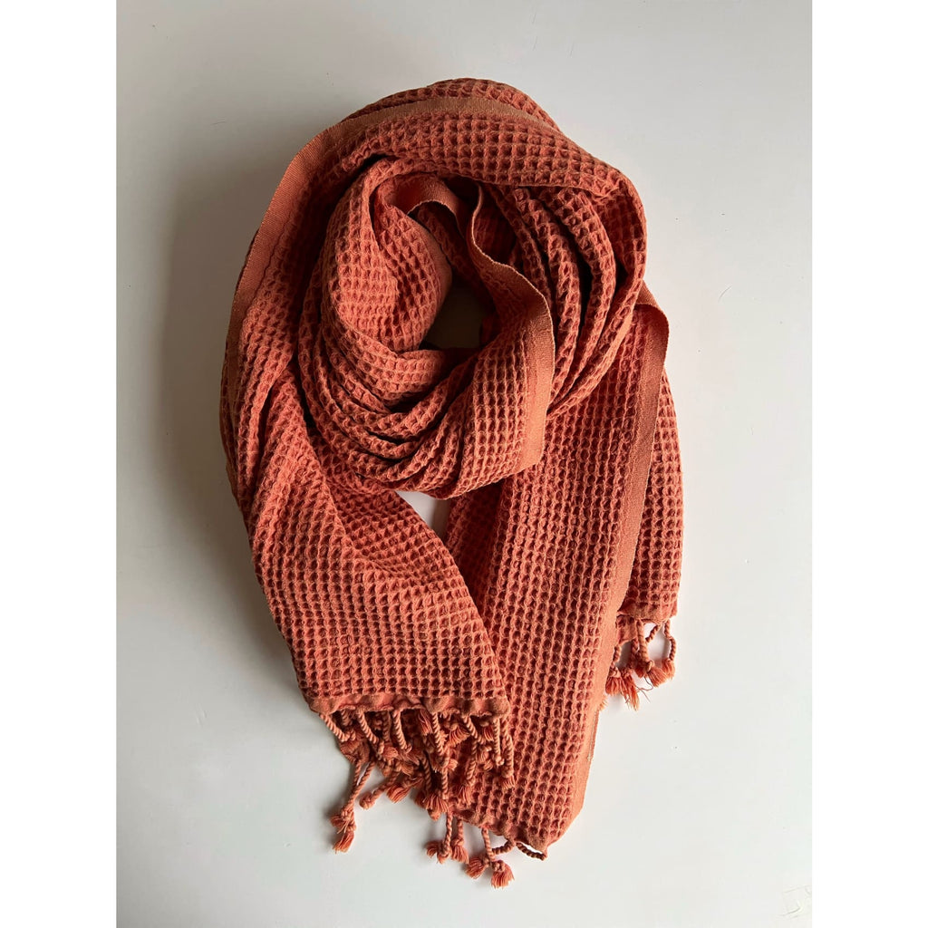 orange scarf - ethical accessories - waffle scarfRulo - Cotton Waffle Scarf- Olive