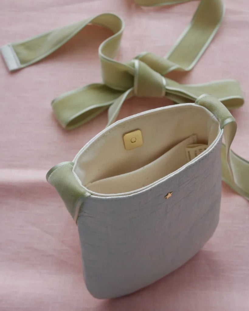 Vegan Handbag - luxury vegan accessories made in Japan - Silver Pinatex handbag with ribbon