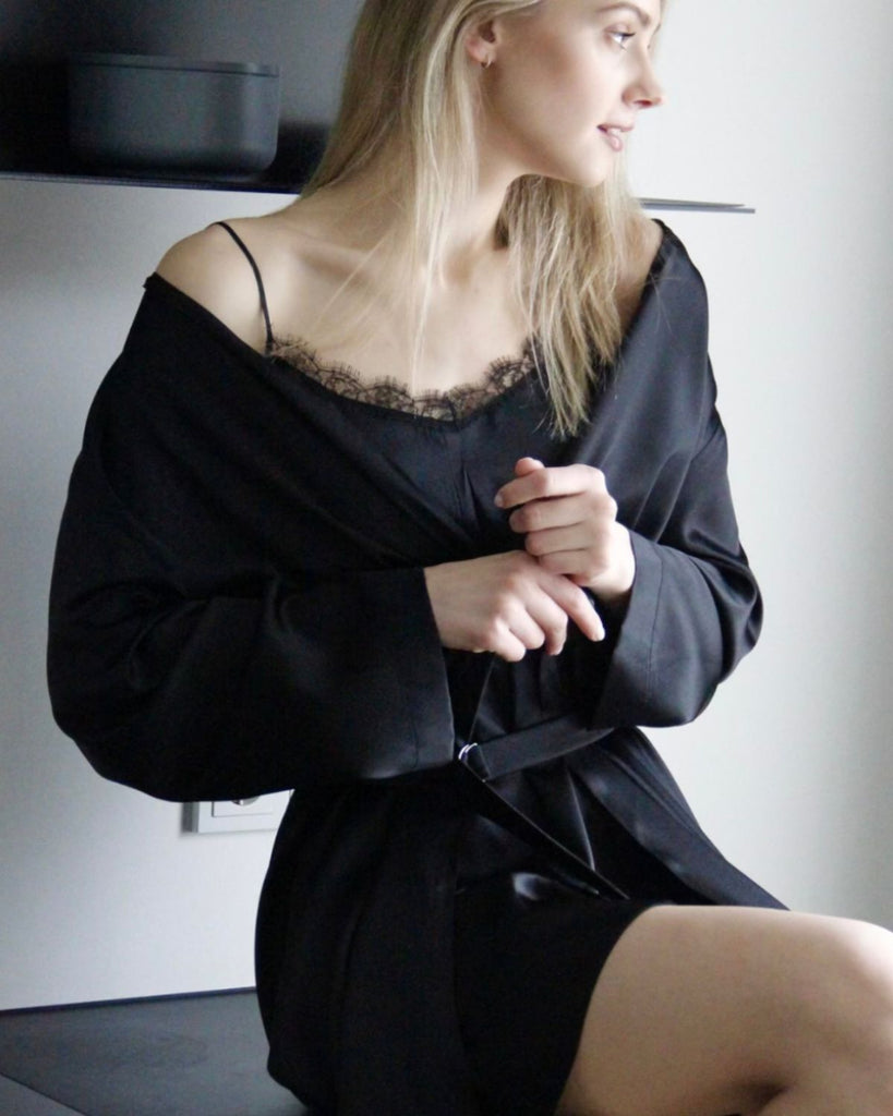 luxury silk robe in black - affordable silk loungewear and silk nightwear